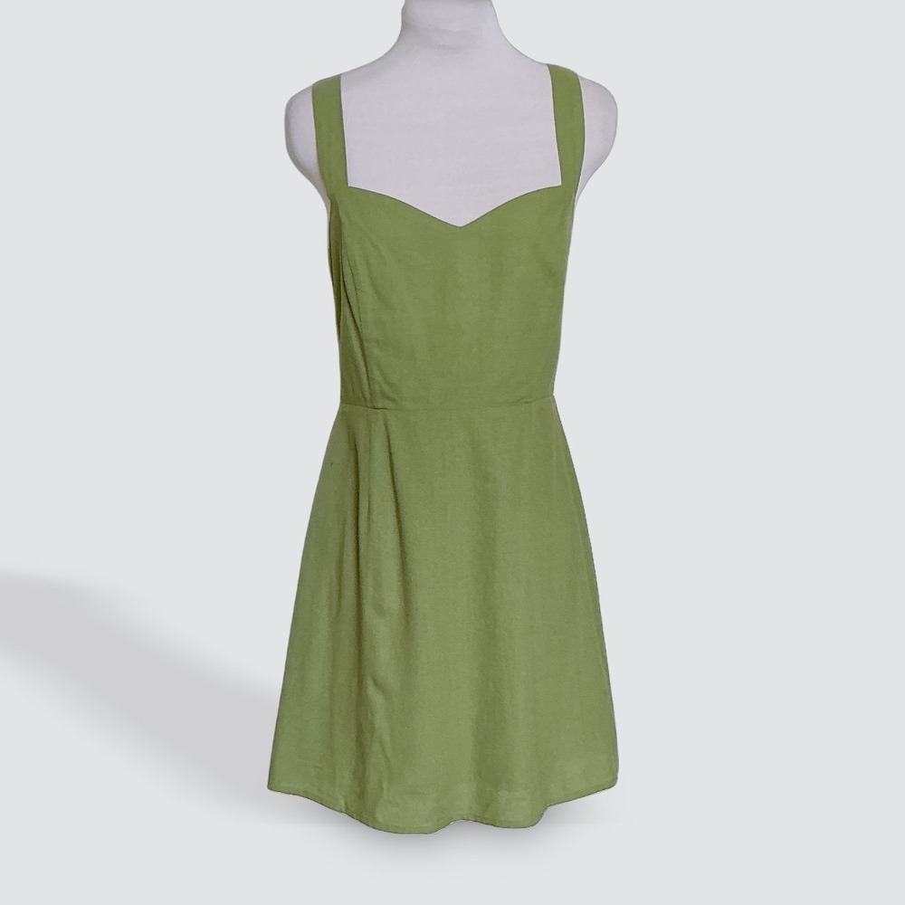 The Workshop Sage Green Linen Blend Sweetheart Neck Mini Dress TW1367 Small